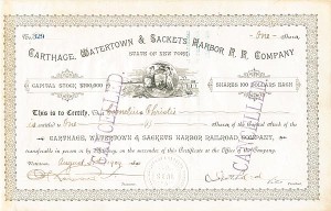 Carthage, Watertown & Sackets Harbor Railroad - Railway Stock Certificate